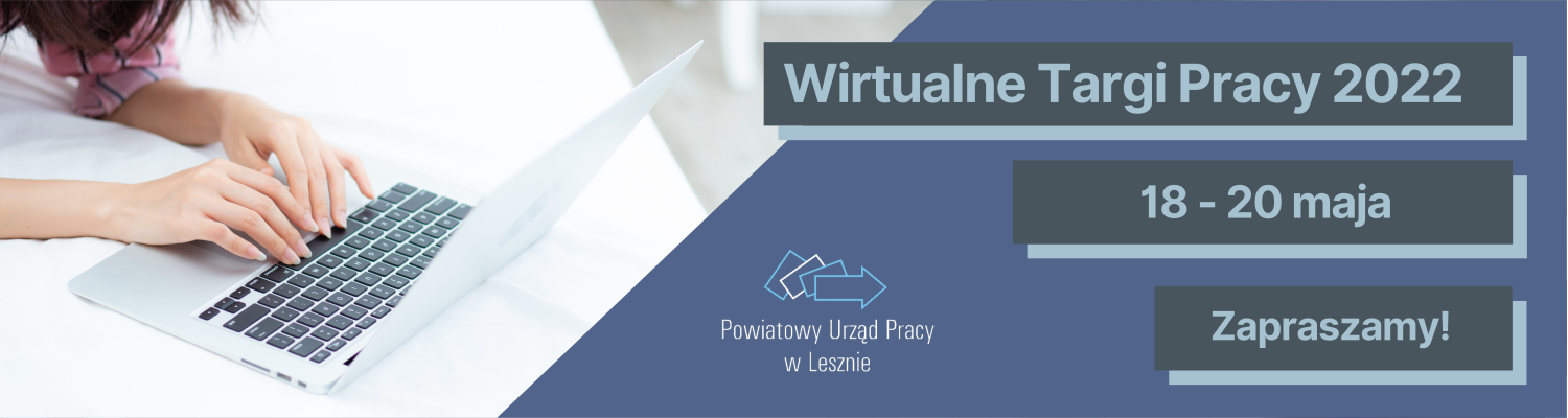 Baner z grafiką kobiety przy laptopie, zapraszający na Wirtualne Targi Pracy 