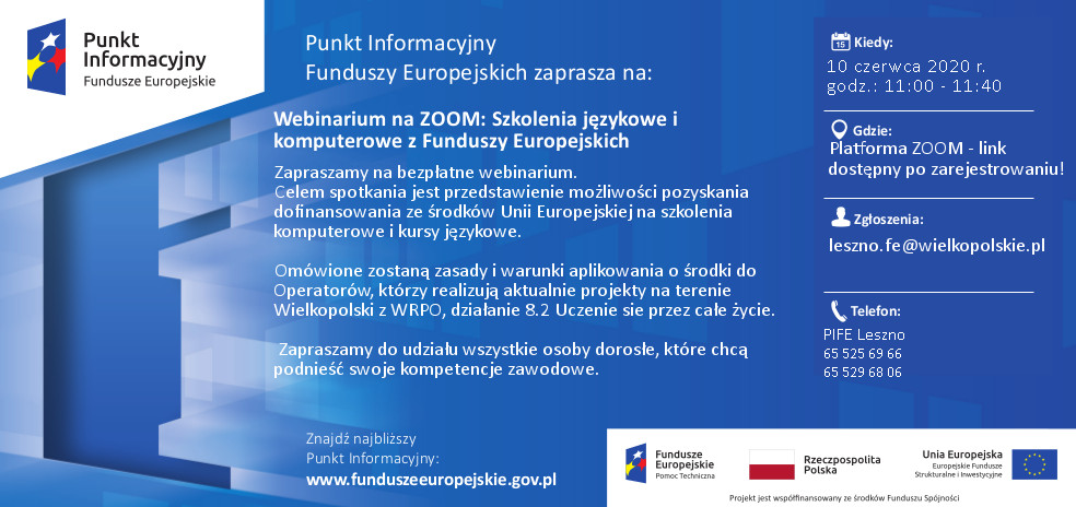 Grafika prezentująca plakat "Webinarium o Funduszach Europejskich na szkolenia językowe i komputerowe", webinarium odbędzie się w środę 10 czerwca 2020r., w godzinach od 11:00 do 11:40 na platformie ZOOM.