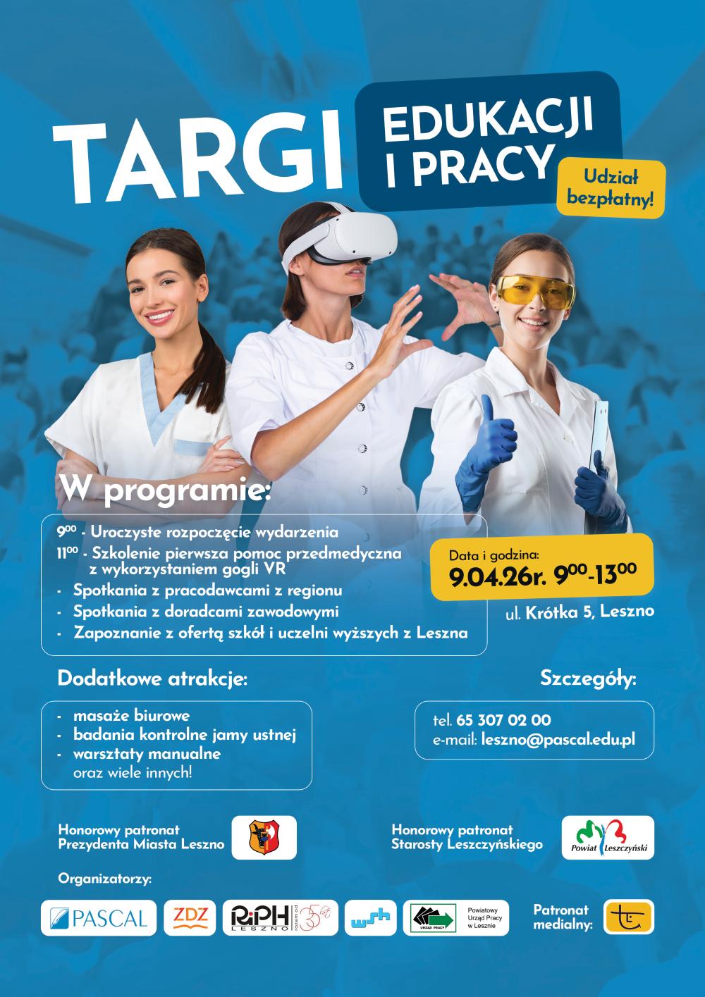 Plakat "Targi edukacji i Pracy" - udział bezpłatny - 9 kwietnia 2026 godz. 9:00-13:00. Szczegóły tel. 65 307 02 00